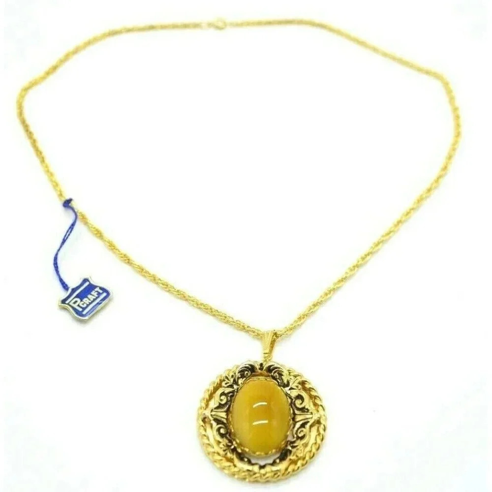 Pcraft Yellow Faux Tigers Eye Glass Gold Tone Pend